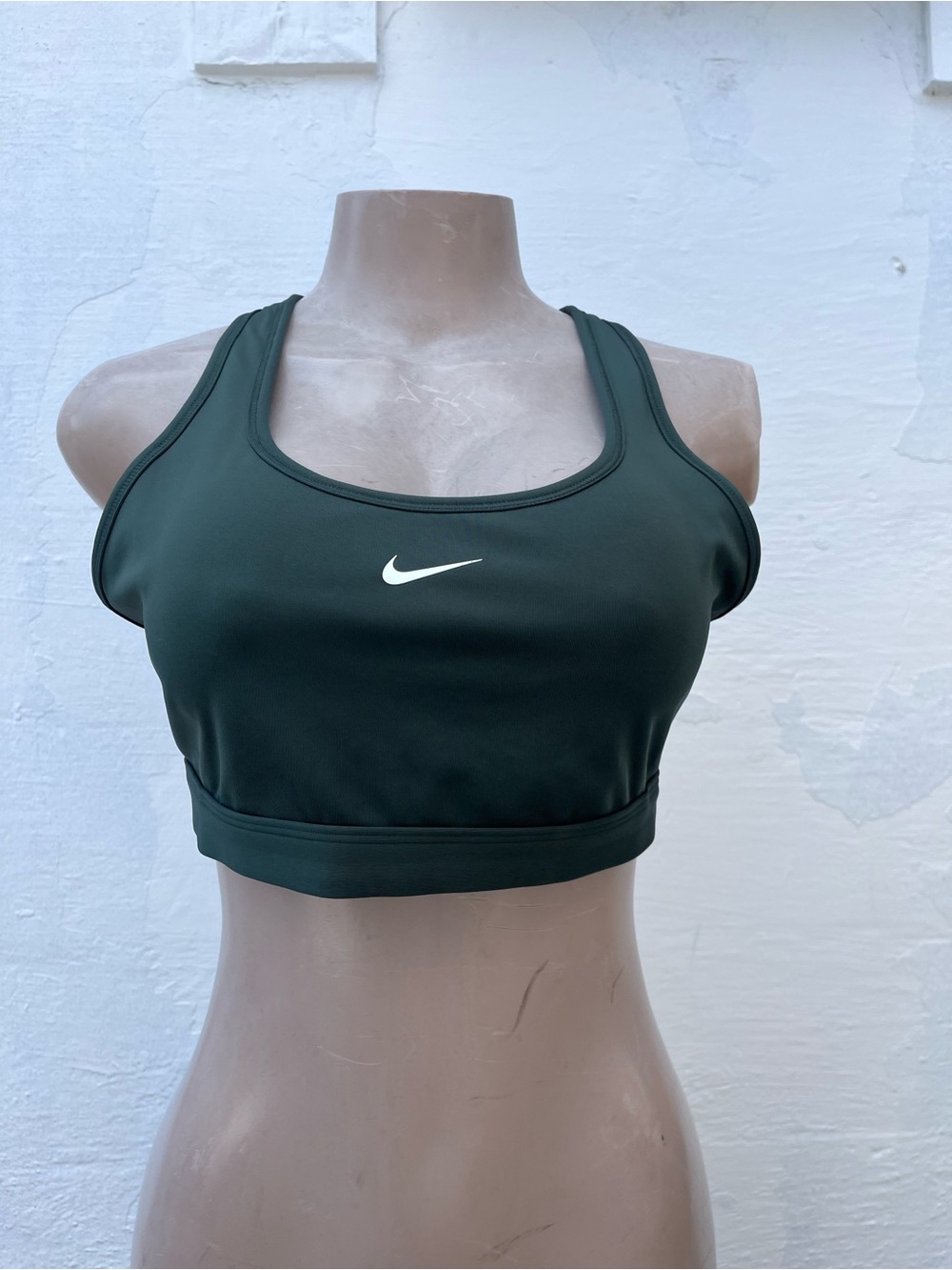 Nike Women's Dark Forest Green Racerback Sports Bra with White Swoosh